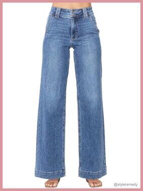 High Waisted Wide Leg Jeans, Baggy Trendy Denim Pants with Pockets